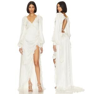 For Love & Lemons Kendall Gown Satin Ruffle Floral Accent Bridal Wedding White S